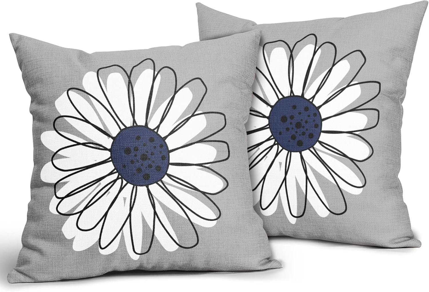 Navy Blue White Daisy Pillow Covers 18x18 Set of 2 Spring Summer Gray Grey Colored Decorative Throw Pillows Outdoor Modern Art Flower Pillowcase Square Linen Cushion Case for Home Sofa Couch Bed - Image 2