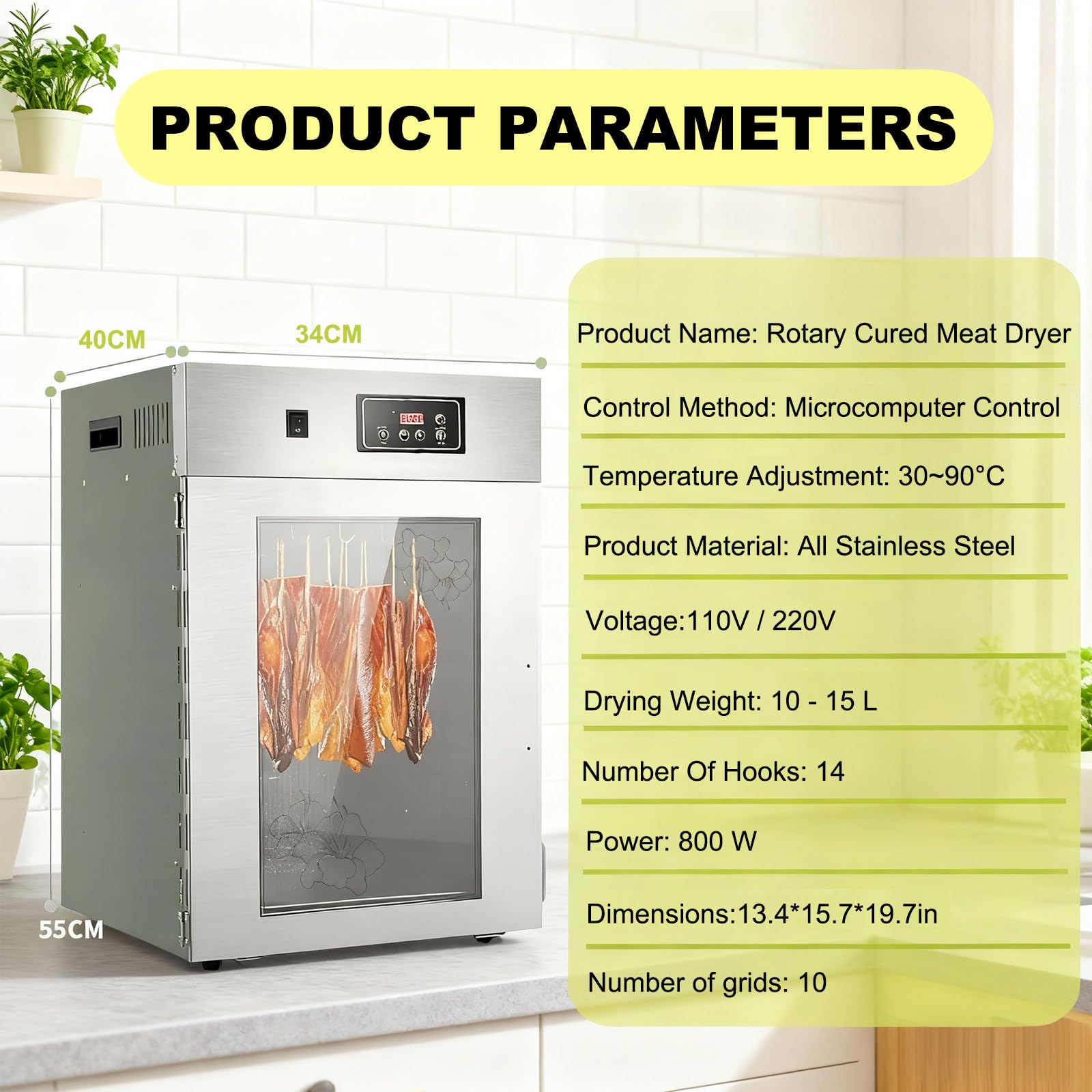 Dehydrator Edelstahl 1000W, 30L Lebensmittel Dehydrator Trockenschrank für Fleisch, Dry Aged Reifeschrank mit 14 Haken, 30-90°C Timer 24H für Beef Jerky, Wurst, Fisch, Obst 110V-15L