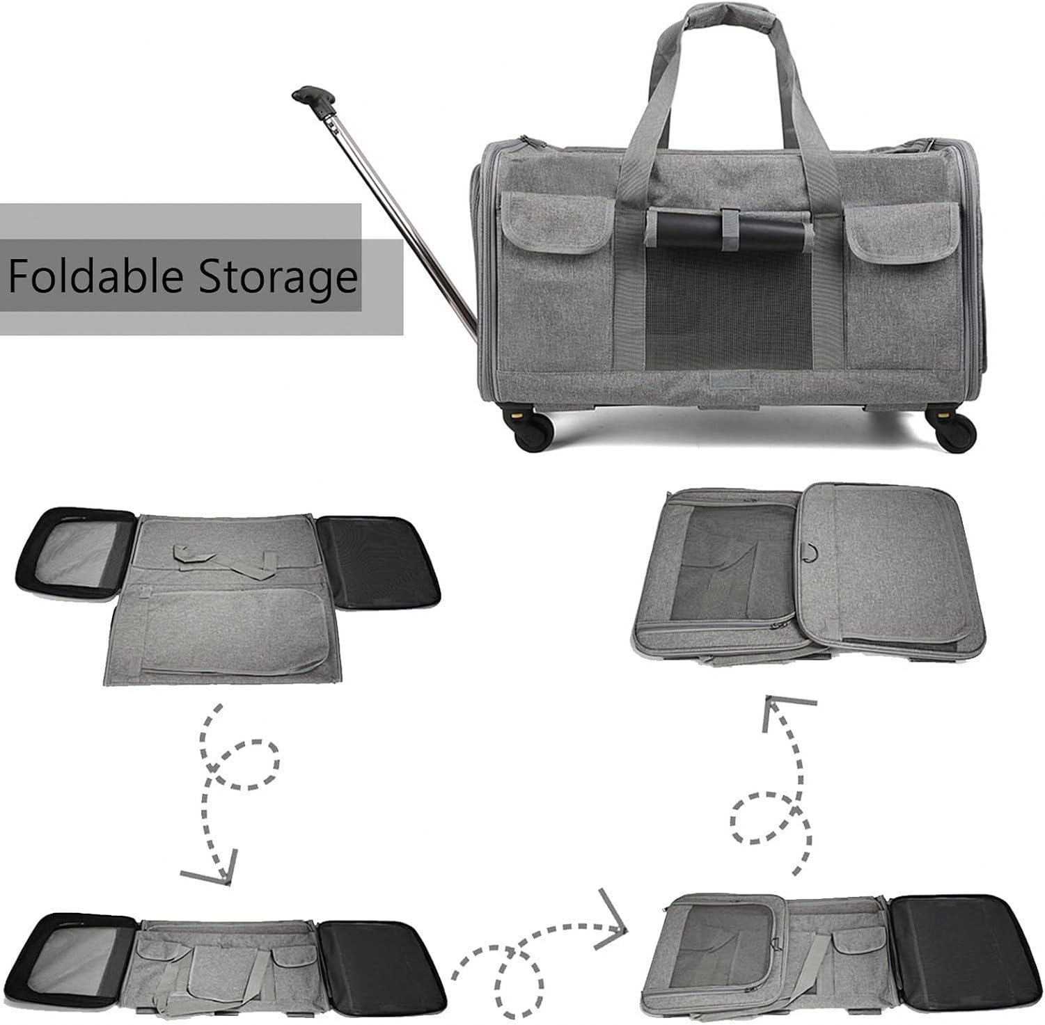 Transportín Rodante Desmontable para Perros y Gatos hasta 9kg, Mascotero Plegable de Lado Blando para Viaje, Jaula Plegable para Mascotas Pequeñas con Ruedas Ex, Black