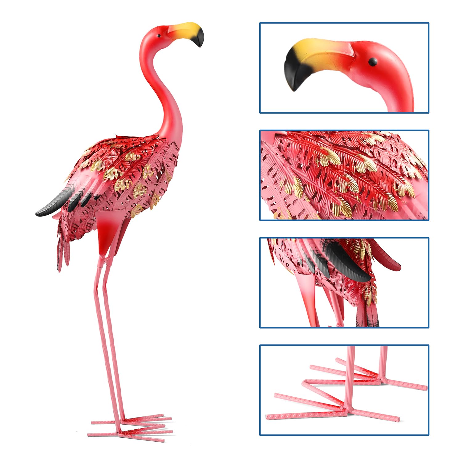 4 Rosa Flamingo-Gartenfiguren Aus Metall – Verschiedene Größen (bis 35 Cm), Mit Erdspießen Für Rasen & Terrasse