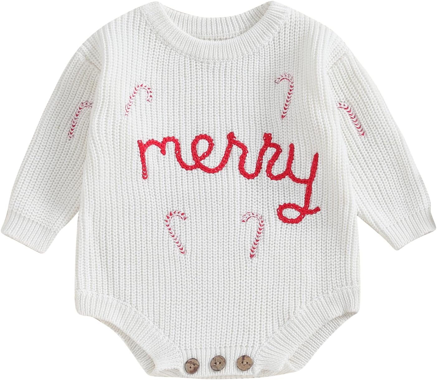 OmkzanbiBaby Christmas Sweater Rompers Merry Candy Cane Embroidery Chunky Knit Sweater Onesie Xmas Fall Winter Outfit 0-24M