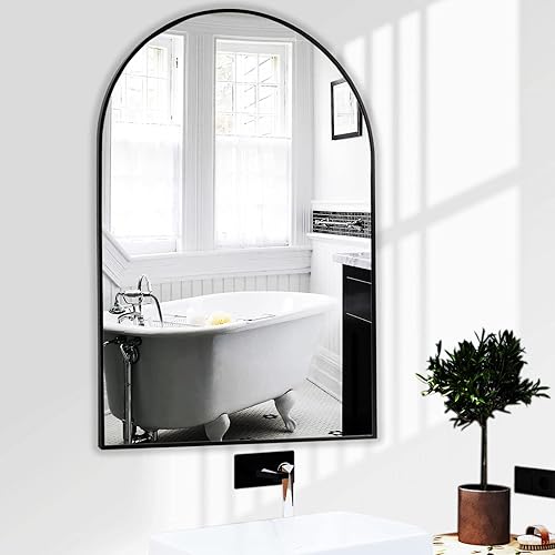 Espejo arqueado de 24 x 36 pulgadas espejo de pared de arco negro para baño sala de estar dormitorio decoración de pared marco de aleación de