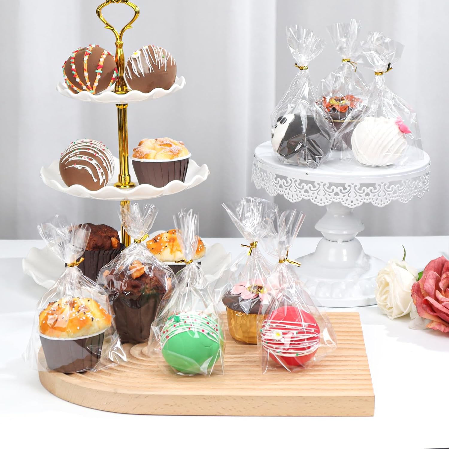 NEKSUNBAK 100Pack 6x7 Cellophane Cupcake Bags with Gold Twist Ties, Flat Bottom–Food Safe Bakery Packaging for Muffins, Chocolate Bombs, Cookies&Macarons–Perfect for Party Favors&Holiday