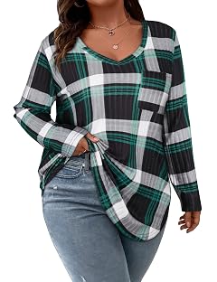 Koscacy Women Plus Size Casual Knit Sweater with Pocket V Neck Solid Color Tops Lightweight Long Sleeve Blouses