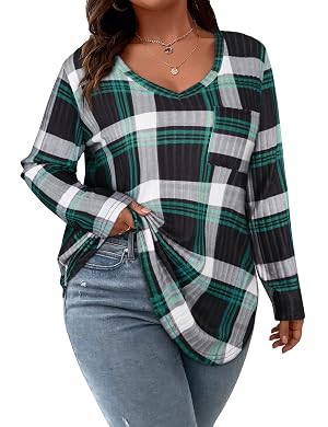 Koscacy Women Plus Size Casual Knit Sweater with Pocket V Neck Solid Color Tops Lightweight Long Sleeve Blouses