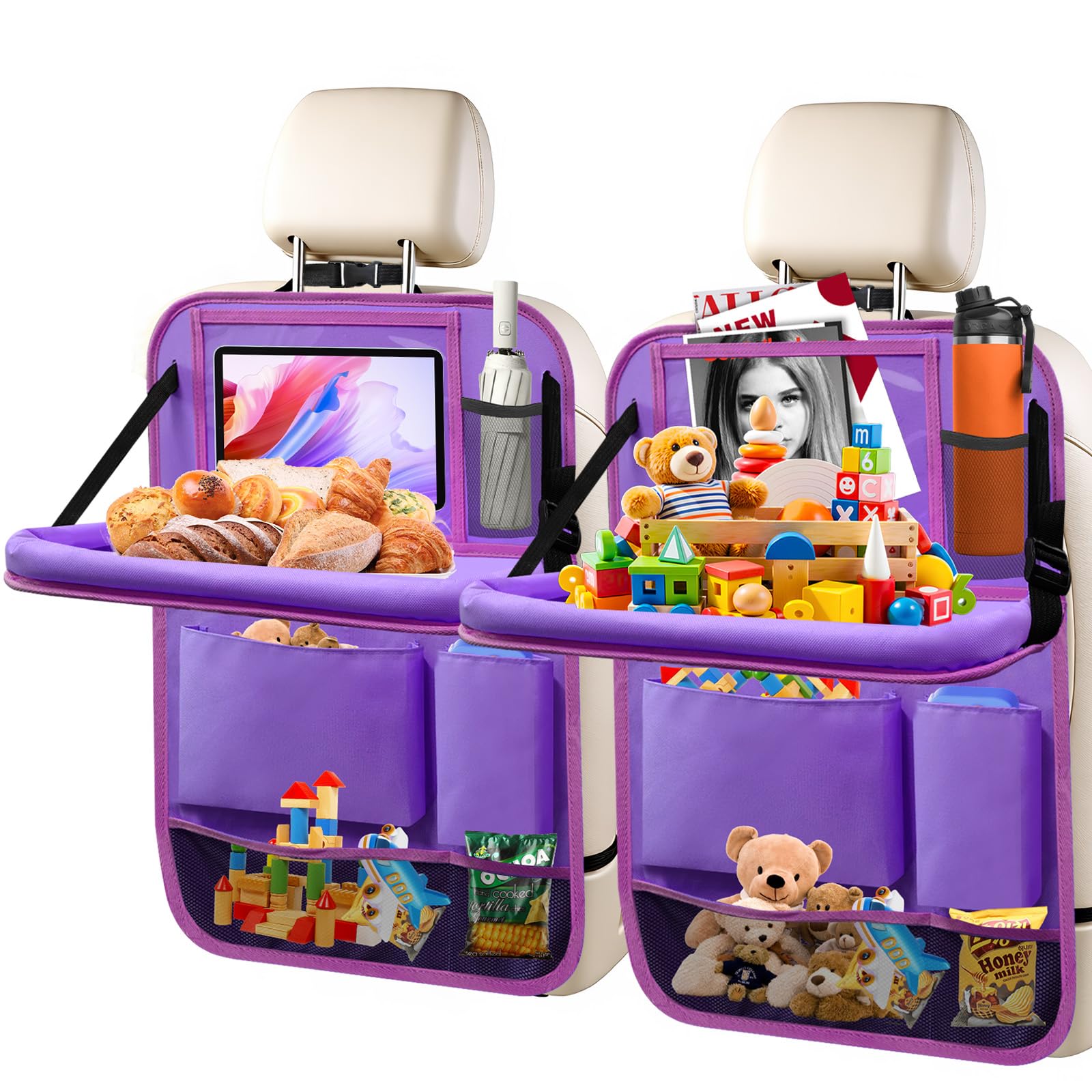 Organiseur de siège arrière de voiture avec plateau pliable et 6 poches de rangement x2