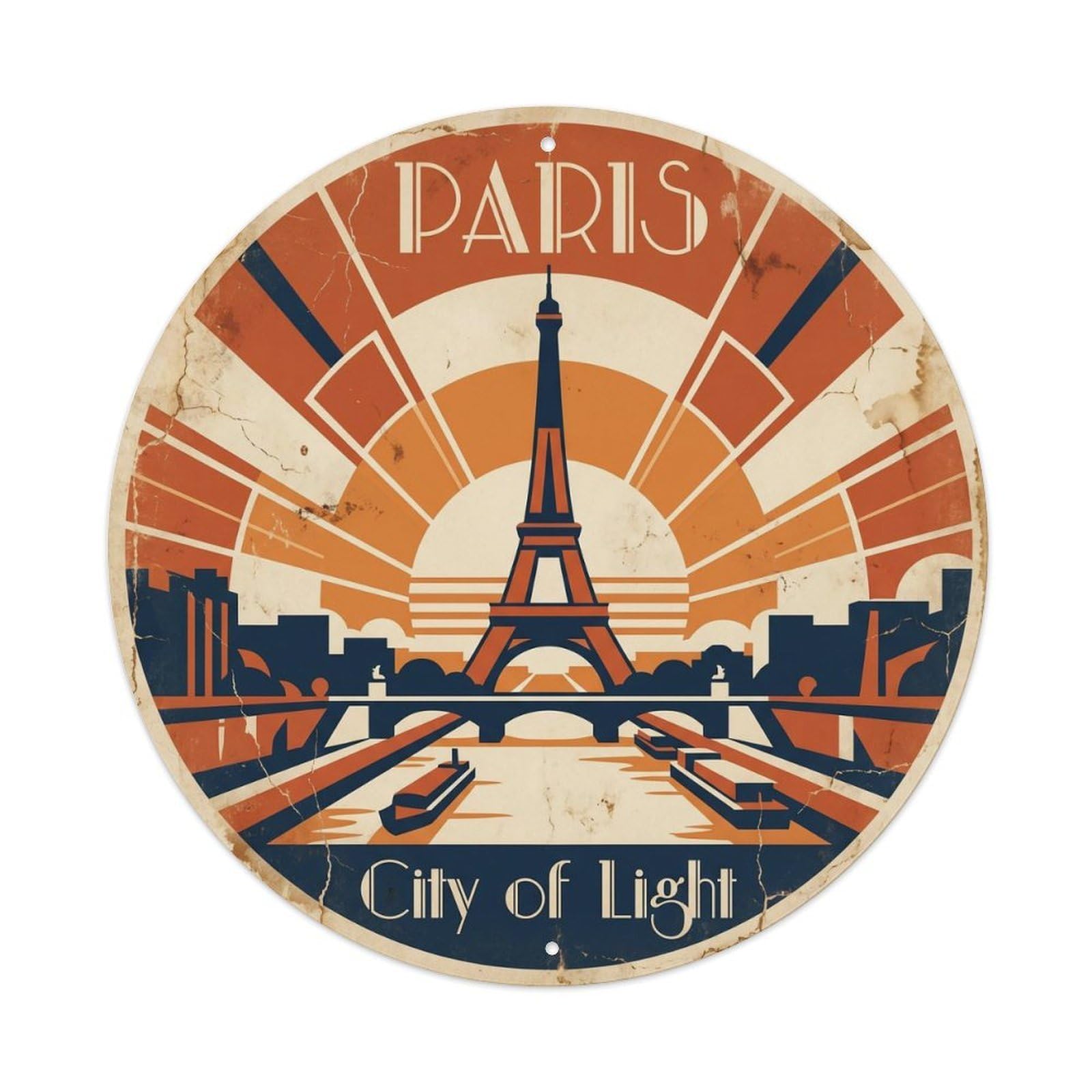 Yrnq Vintage Style Vintage Travel Paris France Tower Vintage Metal Tin Sign Plaque Wall Decor For Cafe, Club, Garden Round Metal Poster 8X8inch