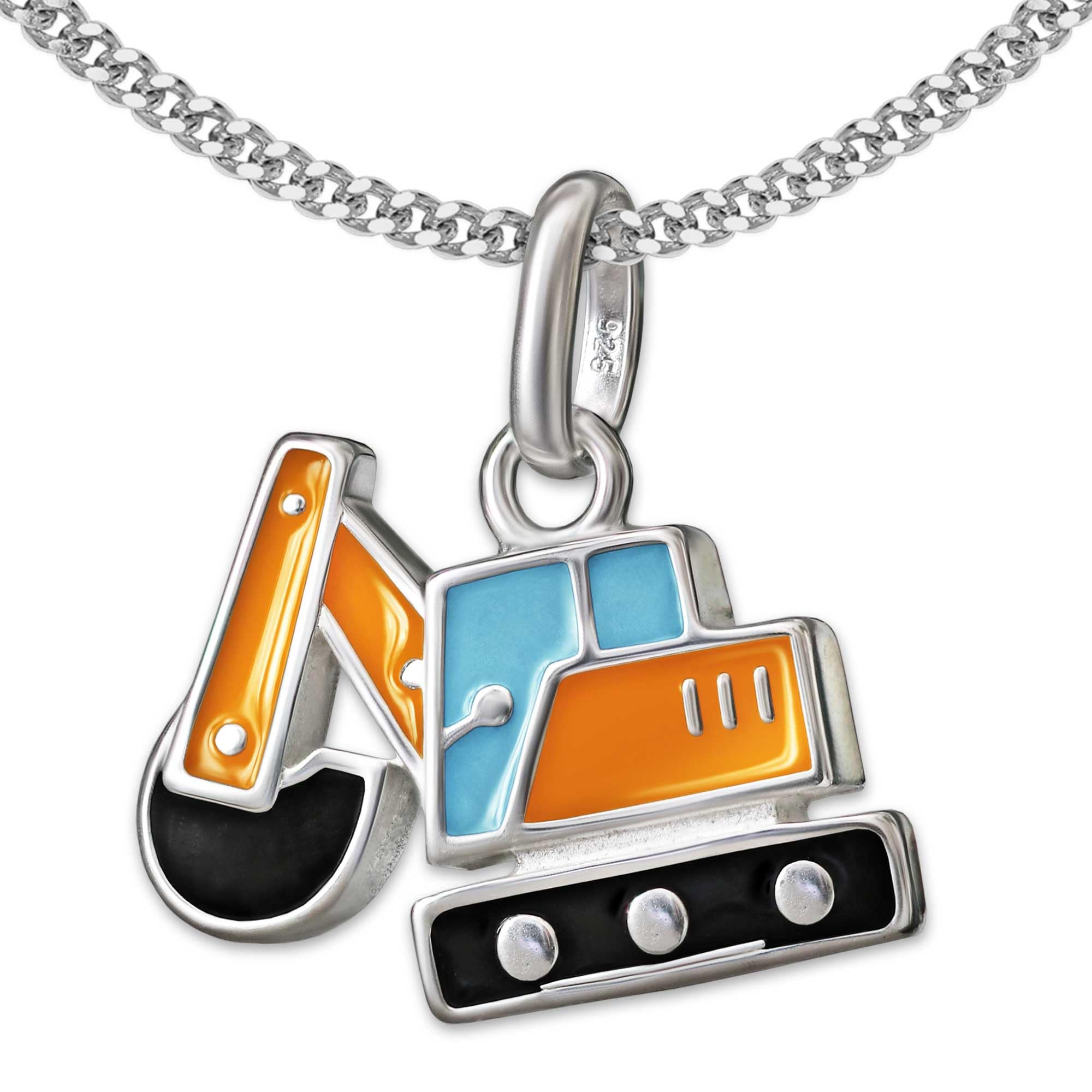 CLEVER SCHMUCK Collier pour enfant avec petite pelleteuse, 14 x 8 mm, en argent sterling 925 laqué jaune, bleu, chaîne gourmette de 40 cm, dans un étui à bijoux crème