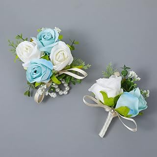 Yunlly 2 Pcs Boutonniere Wrist Corsage Set Artificial Rose Corsage Wristband Boutonniere Flower Decor Wrist Corsage for Men Women Bride Bridesmaids Wedding Accessories Prom Suit Decor (Blue, White)