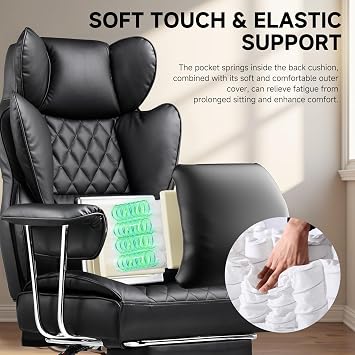 COMHOMA Big and Tall Office Chair, High Back Leather Gaming Chair with Footrest, Executive Ergonomic Office Chair with Pocket Spring Lumbar Support and with Outward Fixed Soft Armrests