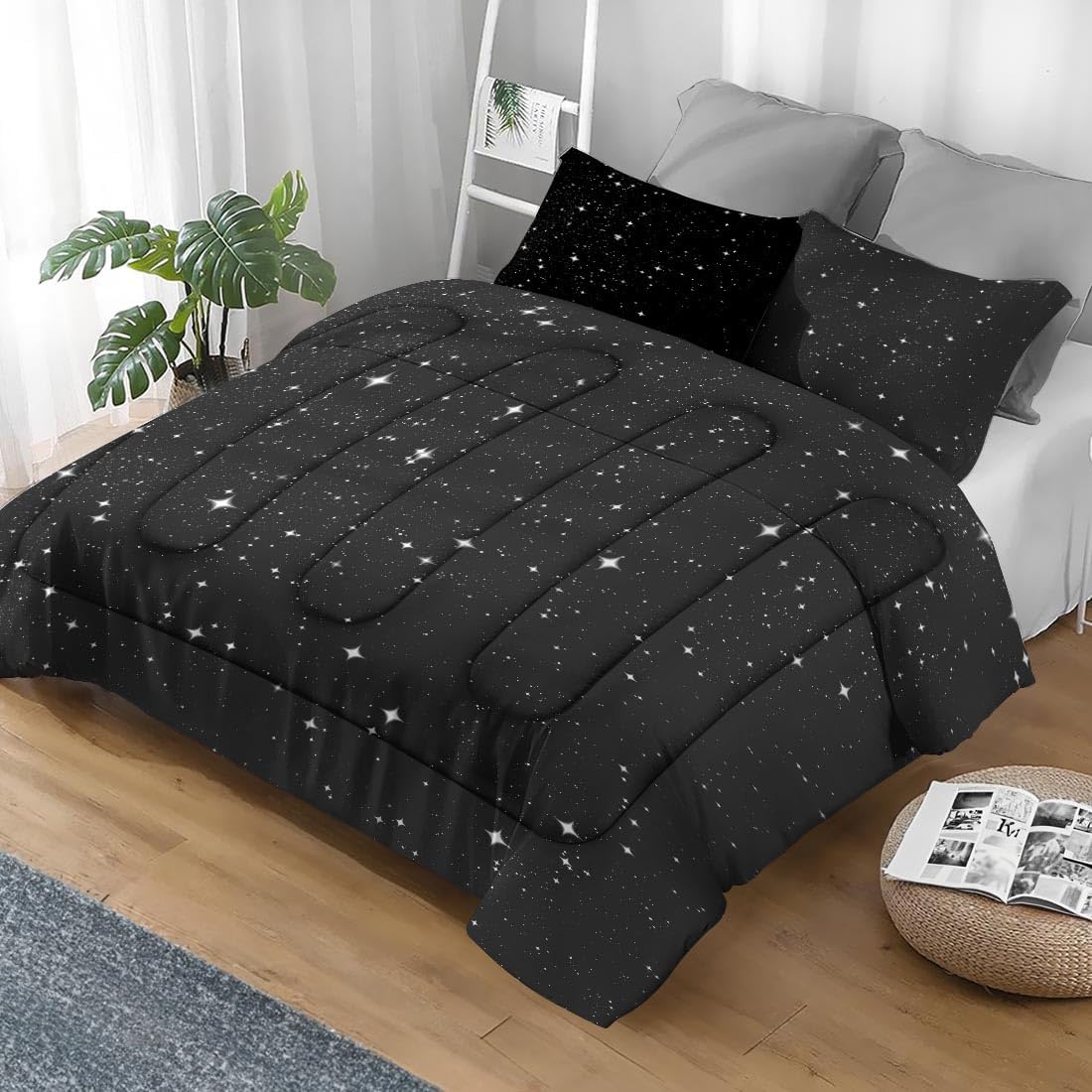 Pamnest Comforter Set Queen Size, Space Starry White Soft 3 Pcs Bedding for Kids and Adults, Star Sky Black Comforter Set with 2 Pillowcases, for Bedroom Bed Decor