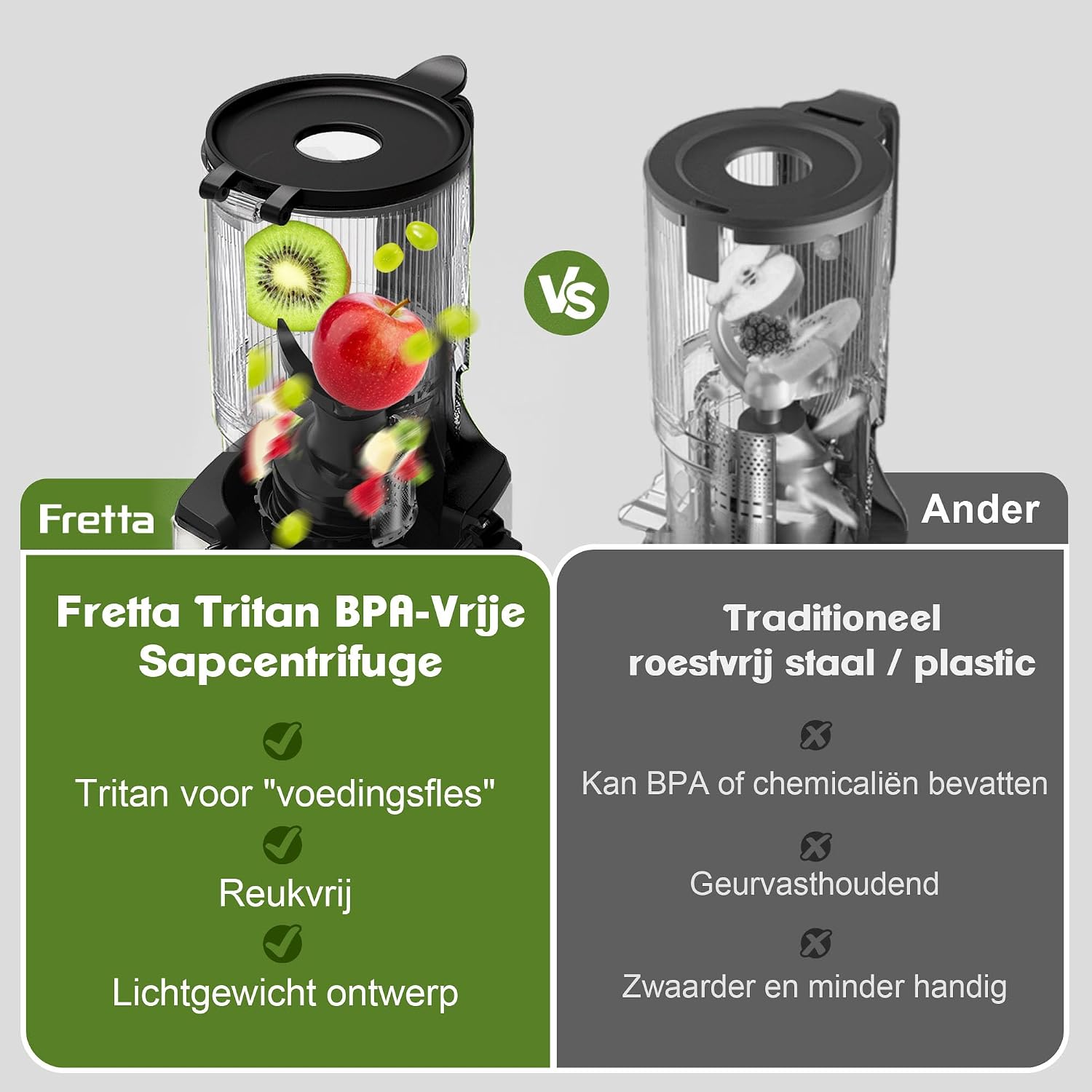 Cold Press Juicer,Fretta Juicer Machines Vegetable and Fruits,Masticating Juicer with 5.3'' Large Feed Chute fit Whole Fruits,BPA-Free, Reverse Function,250W (Grey) image 3