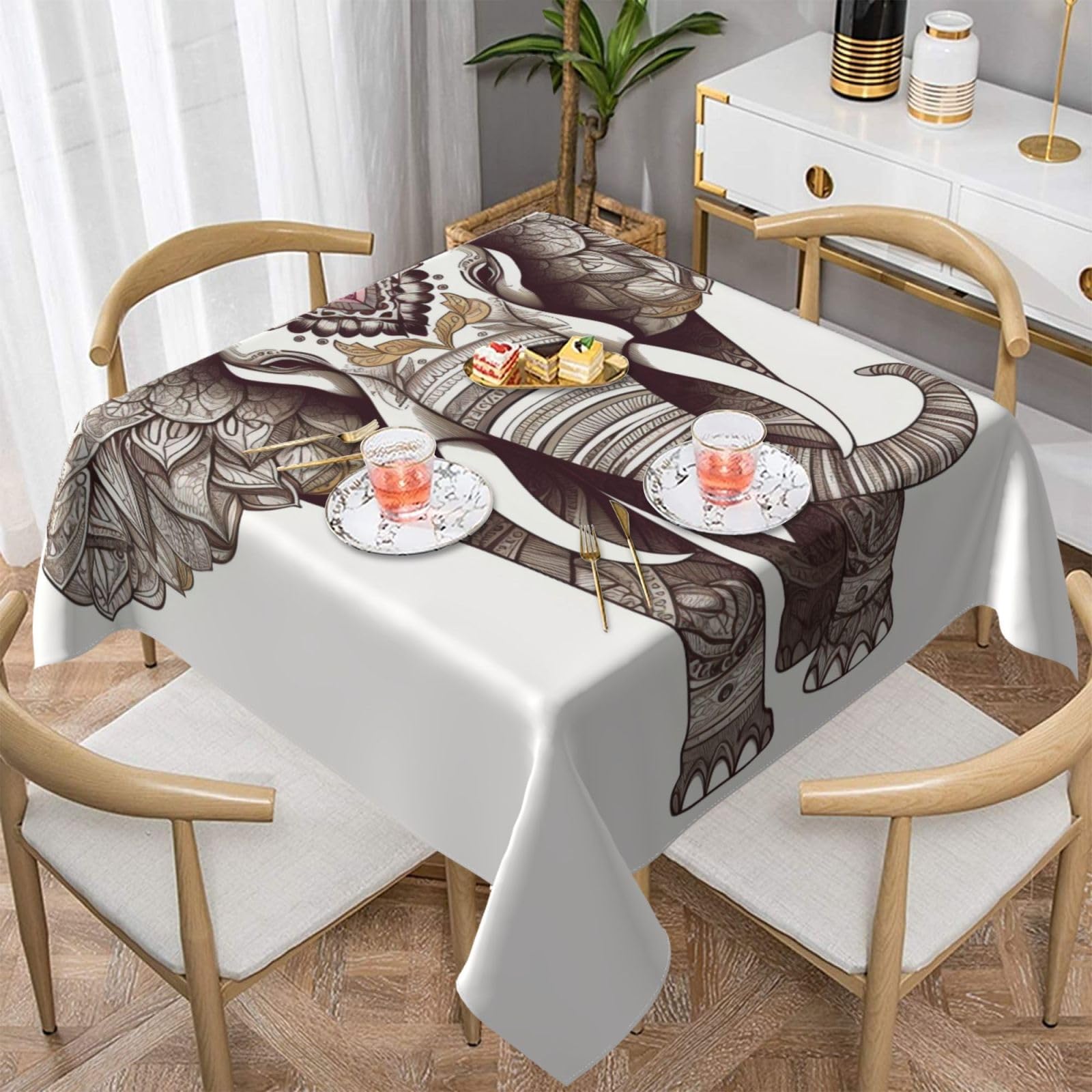 WPKJU Elephant Art Printed Square Tablecloth 54x54 inch Water Resistant Table Cover Washable Rectangle Table Cloth for Dining Tables