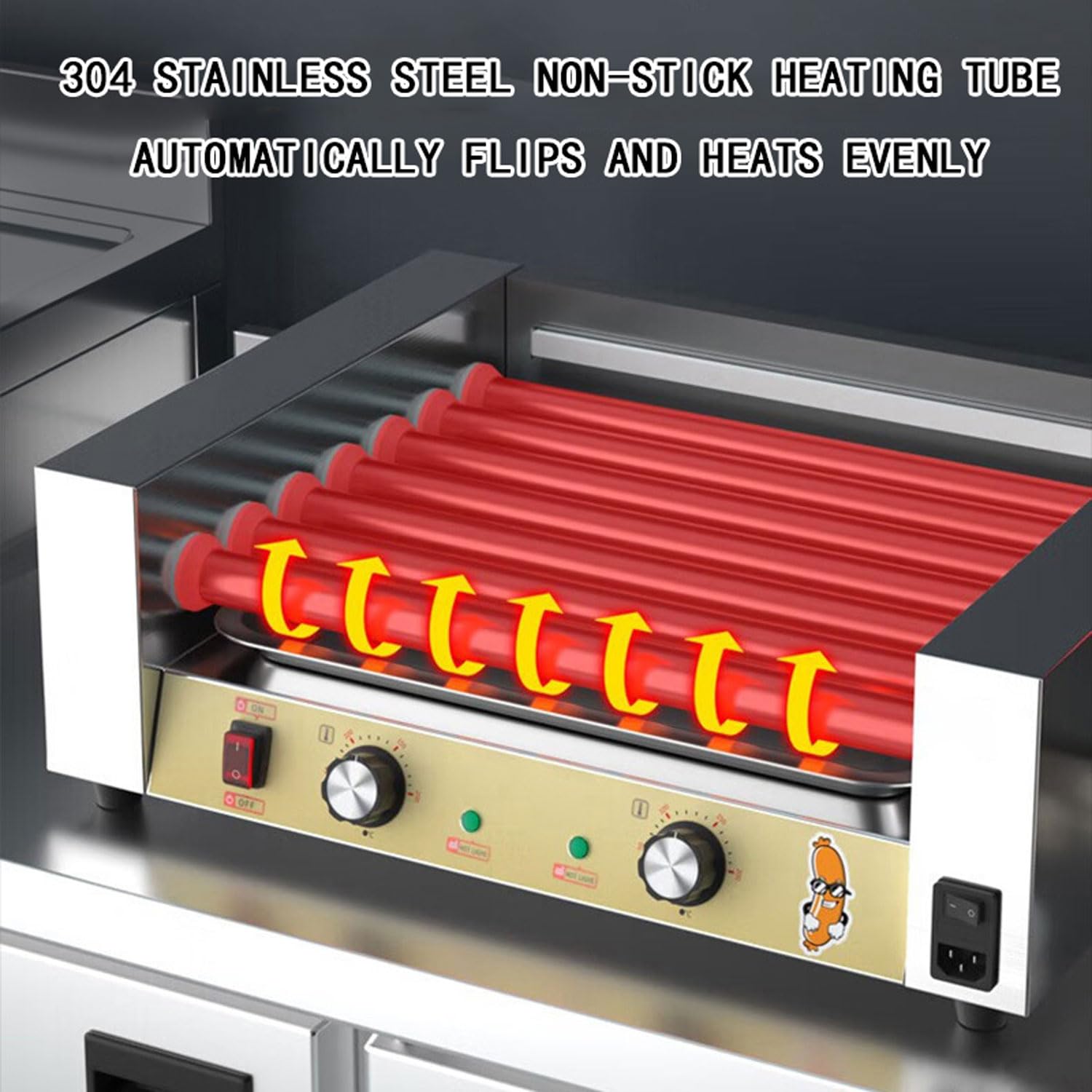 Rouleau À Hot-Dog Commercial, Machine À Griller Les Saucisses Électrique en Acier Inoxydable 1050 W avec Interrupteur Indépendant, Réglage 50-200 ℃, Couvercle Anti-poussière Amovible
