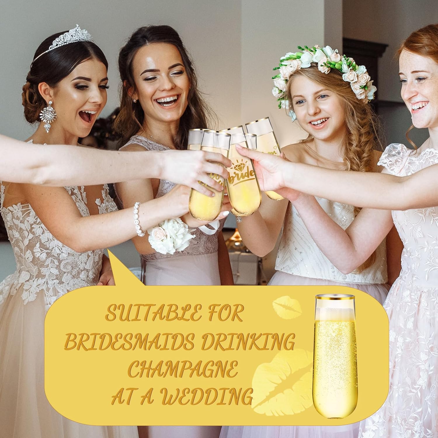 12 Pcs Bridesmaid Wine Glasses Bachelorette Party Champagne Flutes 9oz Disposable Stemless Glass Champagne Flutes Gold Rim Toasting Glasses for Weddings and Parties with 12 Pcs Stickers - Image 4