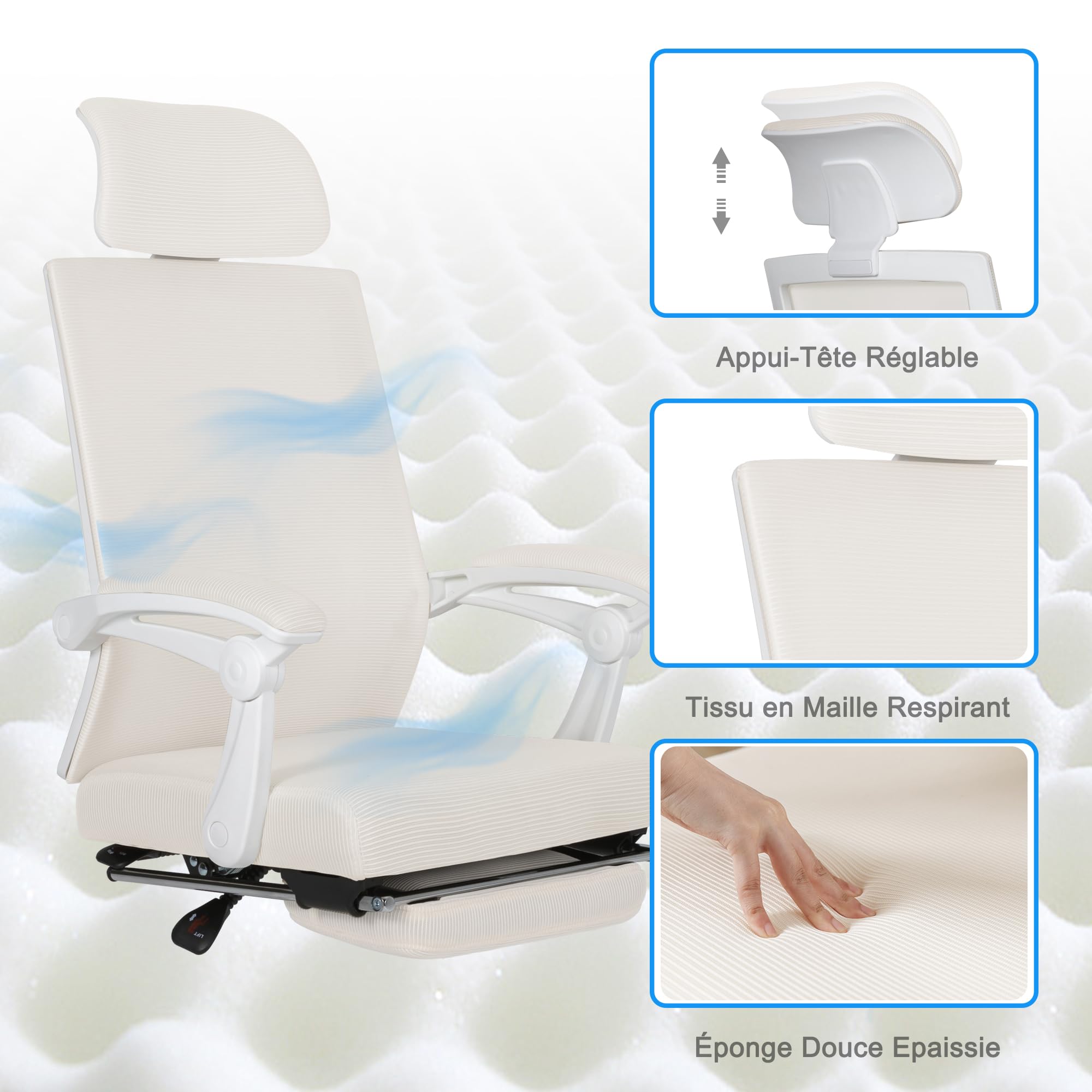 UEV Chaise Bureau Ergonomique, en Maille Respirant, Capacité 136kg, Beige