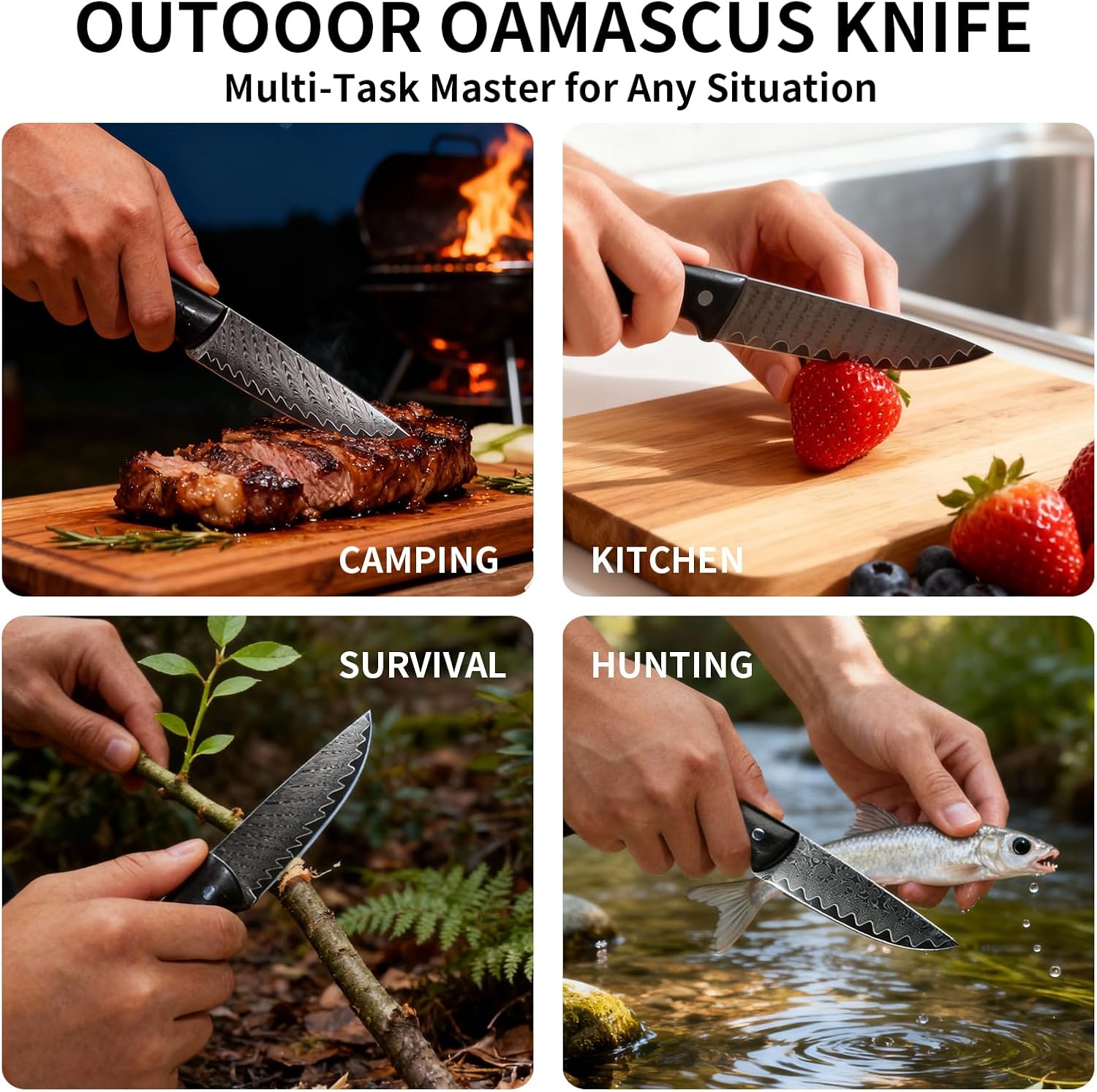 SODEN Damascus Camping Knife, VG-10 Core Full Tang Fixed Blade for Survival & Outdoor Hunting | Ergonomic Rosewood Handle | Premium Knife Tool