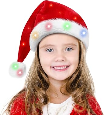 BROADREAM Santa Hat with LED Lights - Unisex Soft Christmas Hat with Flashing Lights for Gifts