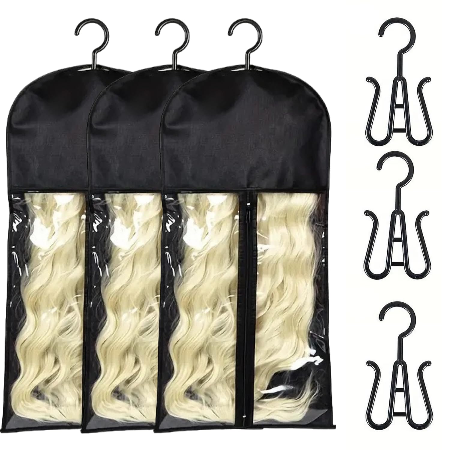 Alfven Perücken Aufbewahrungstasche, 3 Stück Perücken-Staubbeutel Perücken-Aufhängetasche Perücken-Display-Tasche mit Aufhänger für Damenhaar (Schwarz)