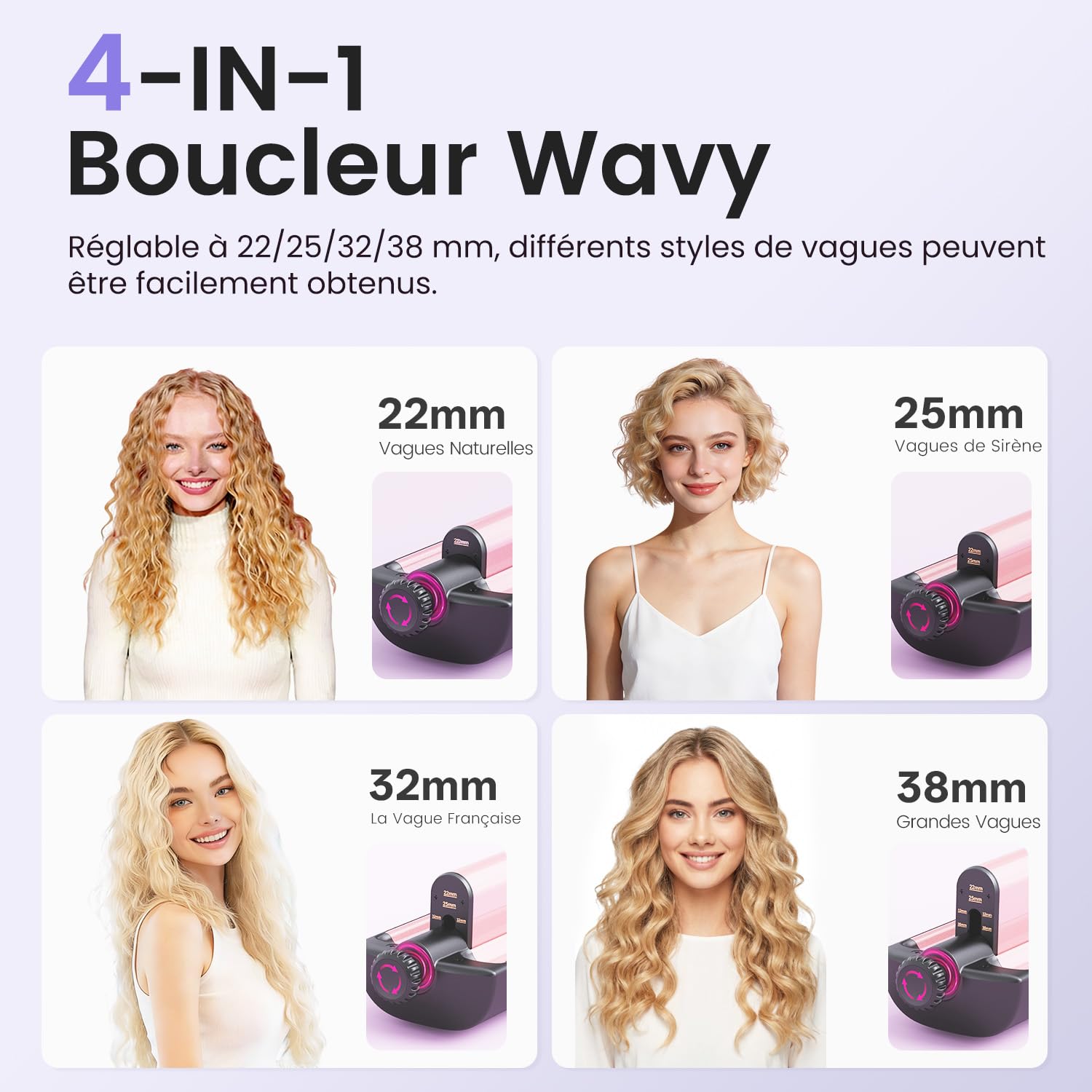 4 In 1 Réglable Boucleur Wavy - 22/25/32/38mm Boucleur a Cheveux Boucleur 3 Tete, Anti-brûlure, Convient aux Débutants, Chaleur Constante Ciblée