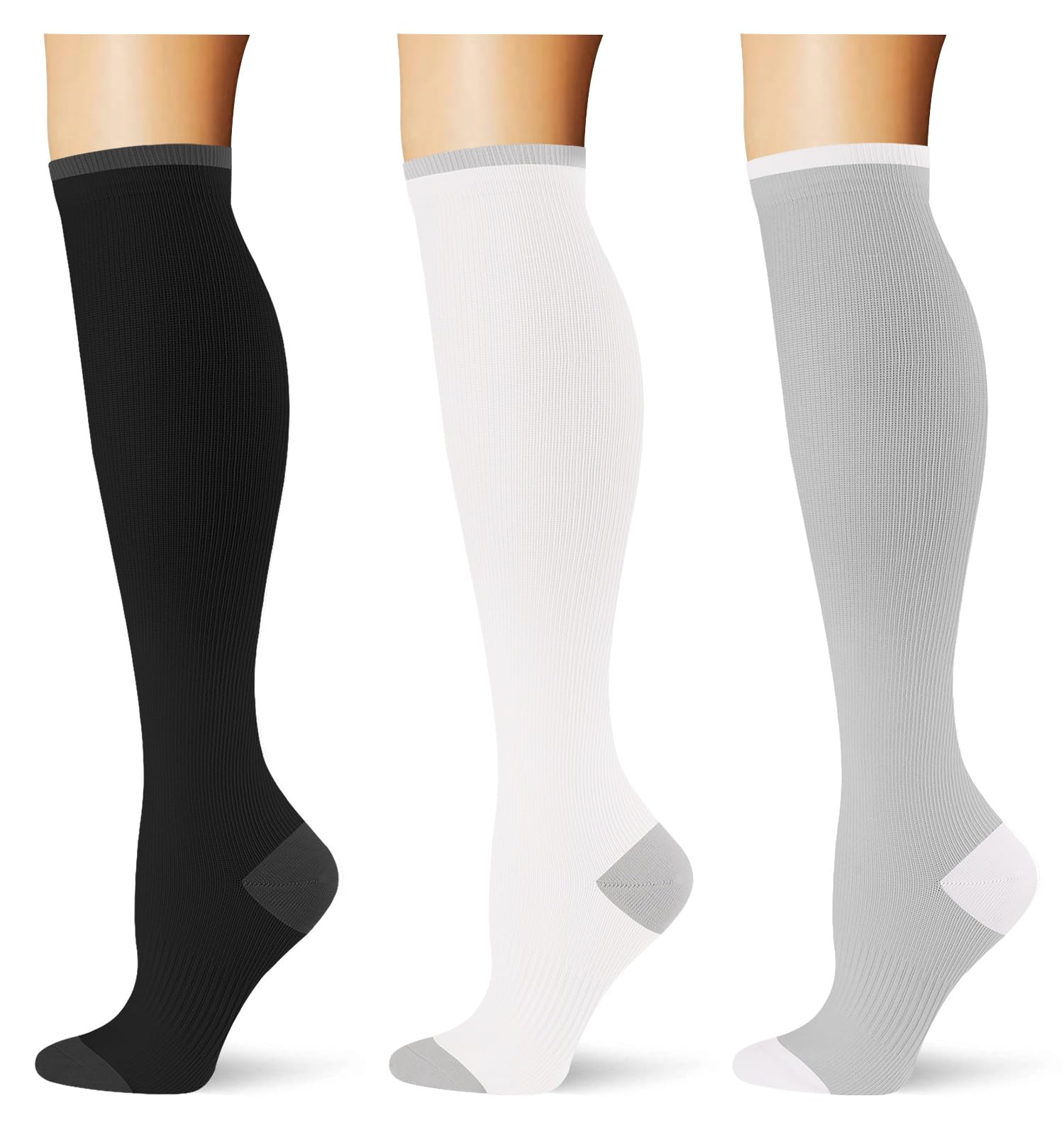 Saniripple (3 pairs) Compression Socks 20-30 mmHg Long Knee High Socks for Women Men Support Athletic Travel Daily Wear