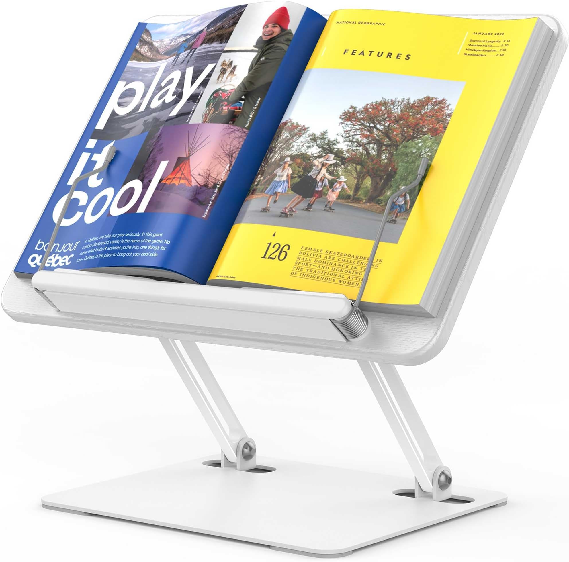 BESIGN BS01 Book Stand for Reading, Adjustable Book Holder, Ergonomic Laptop Stand with Elastic Page Clips for Music Scores, Recipe, Tablet, Laptop (White)