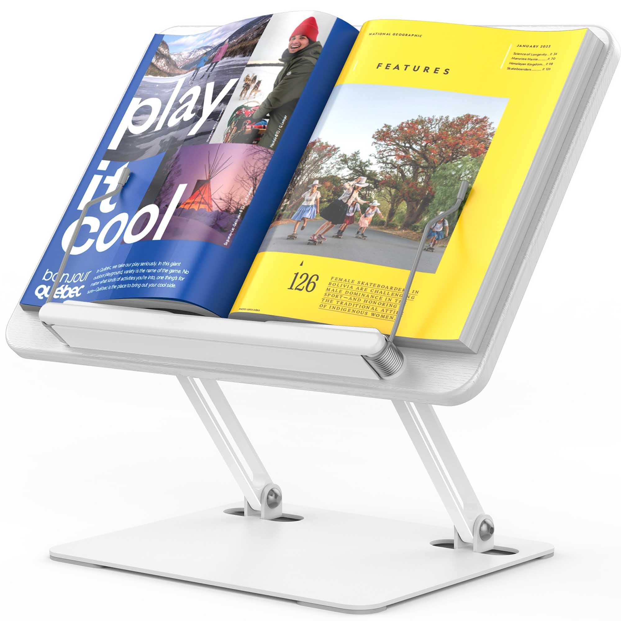 BESIGN BS01 Book Stand for Reading, Adjustable Book Holder, Ergonomic Laptop Stand with Elastic Page Clips for Music Scores, Recipe, Tablet, Laptop (White)Recycled Claim Standard Blended
