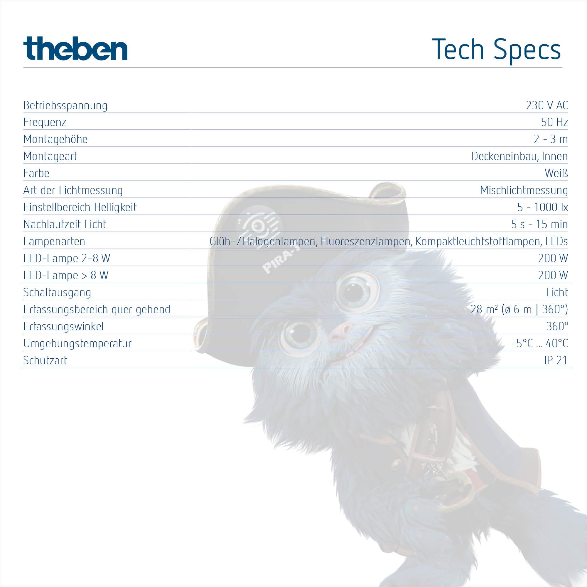 Theben 1030202 PIRA T6 Mini Detector de Presencia/Movimiento 360° 6 m | empotrado en techo, PIR, 200 W LED, 5 s-15 min, certificado sensNorm, medición continua, preconfigurado