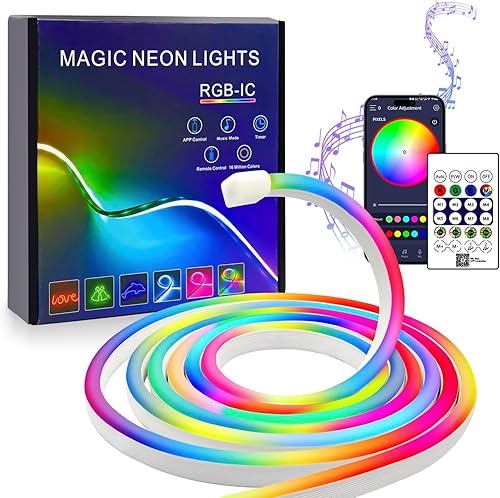 Tira LED Neón 5m RGB IC, Tira LED USB IP67 con Control de APP Bluetooth y Remoto IR, Sincronización de Música, Luz de Si