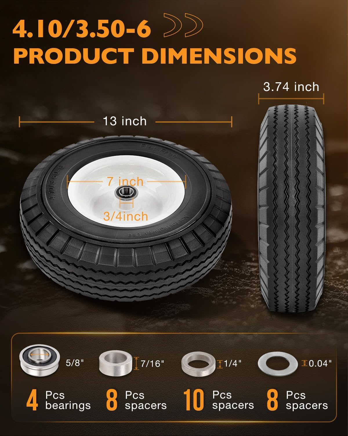 HQPASFY 2 Pack 4.10/3.50-6 Flat Free Tire, 12.5 Inch Universal Solid Tire Wheel 3/4" & 5/8" Bearings, 3"-3.5"-4"-4.5"-Center Hub for Lawn Garden Cart, Hand Truck, Wheelbarrow, Utility Cart