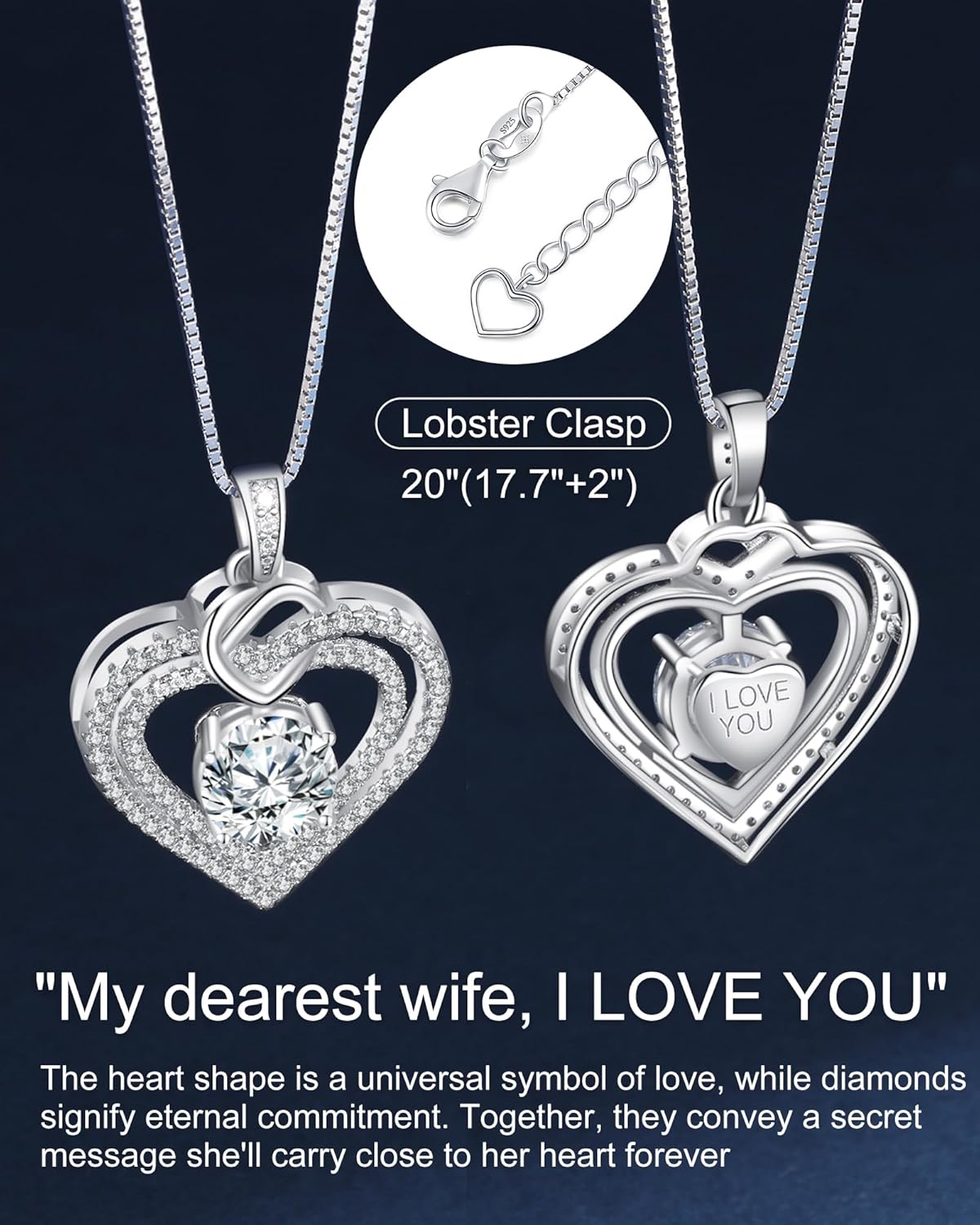 ForeverLove Heart Necklaces for Women, 1-3 Carat Moissanite Necklace Engraved 'I LOVE YOU', Wedding Anniversary Birthday Christmas Valentines Engagements Mothers Day Jewelry Gifts ...