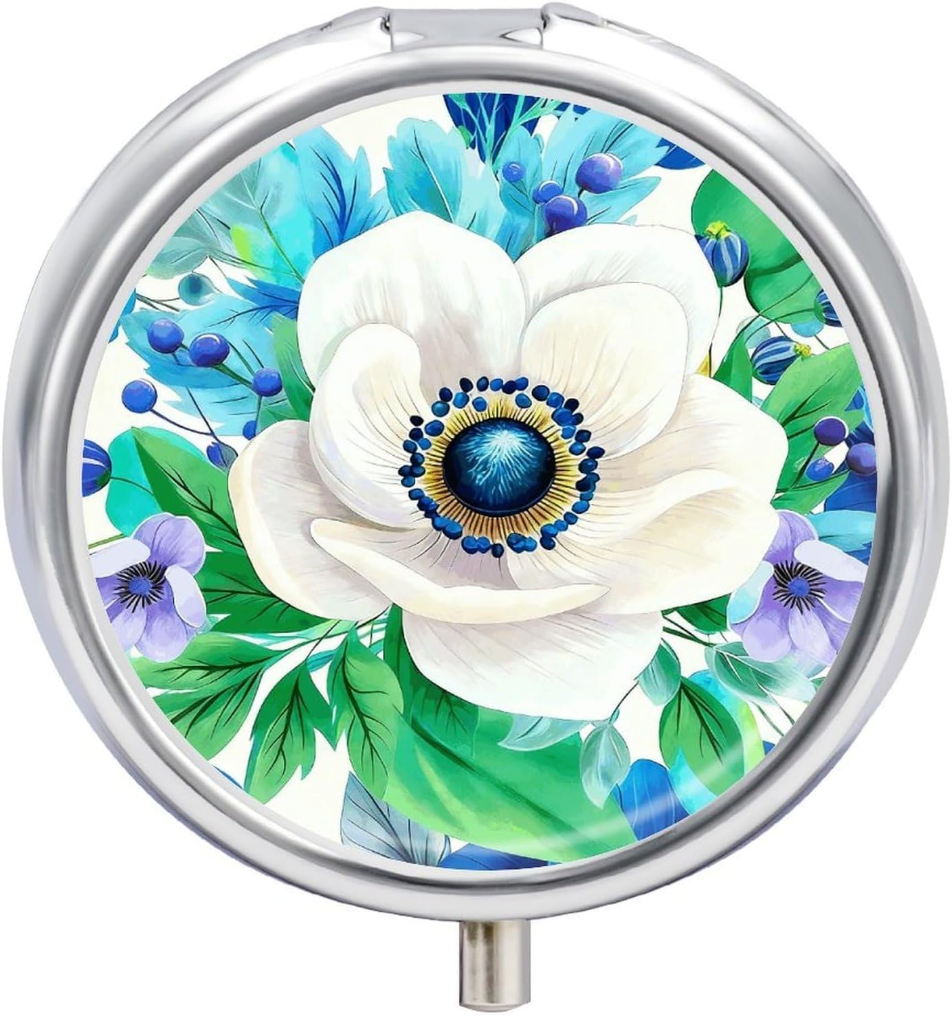 Eucalyptus Flower 3 Compartments Pill Box with Mirror for Pocket
