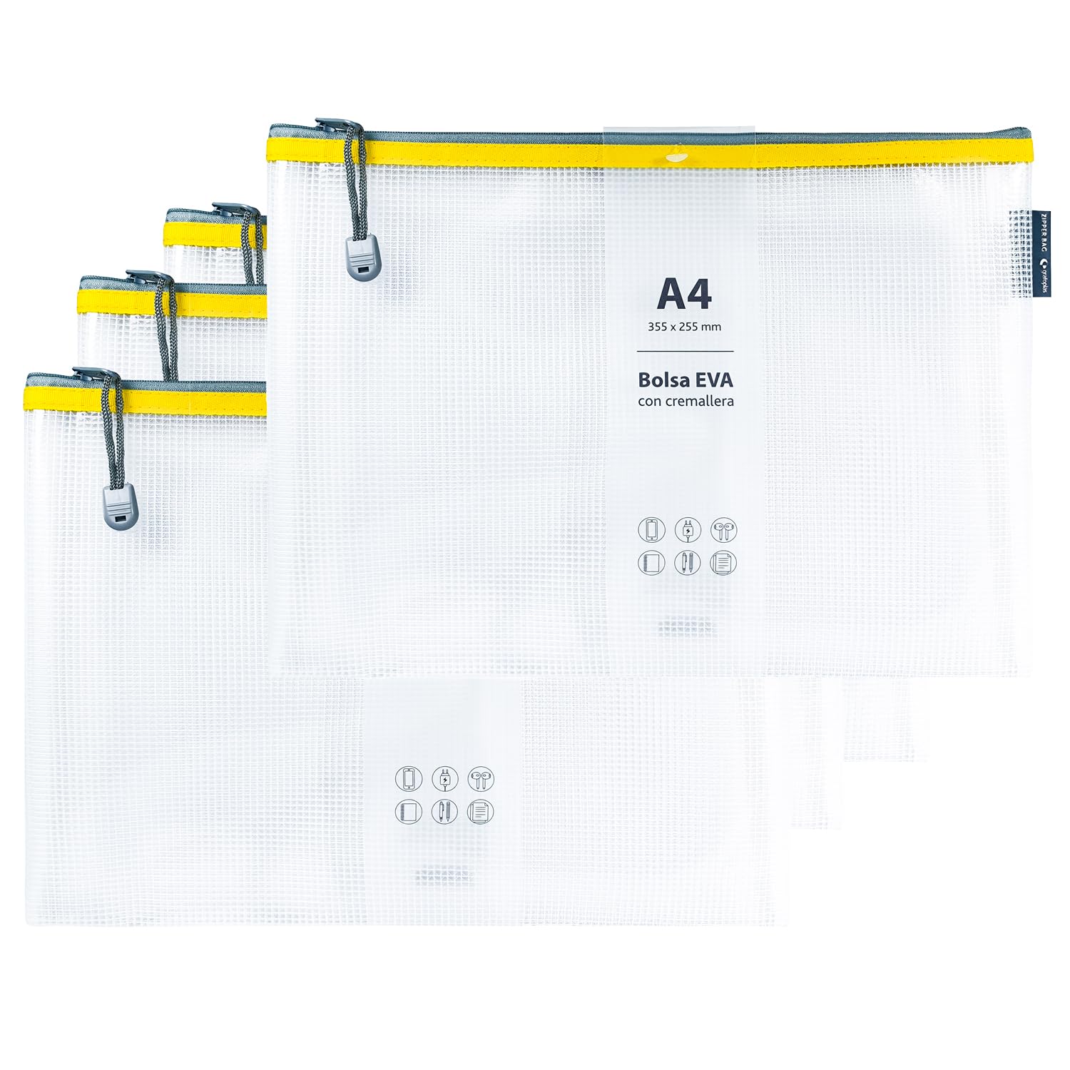 Grafoplas Pack of 4 EVA A4 Zip Bags | Made with Transparent EVA Rubber | Yellow Zipper | Ideal for Transporting and Protecting All Types of Items, Documents, Cosmetics or Puzzles