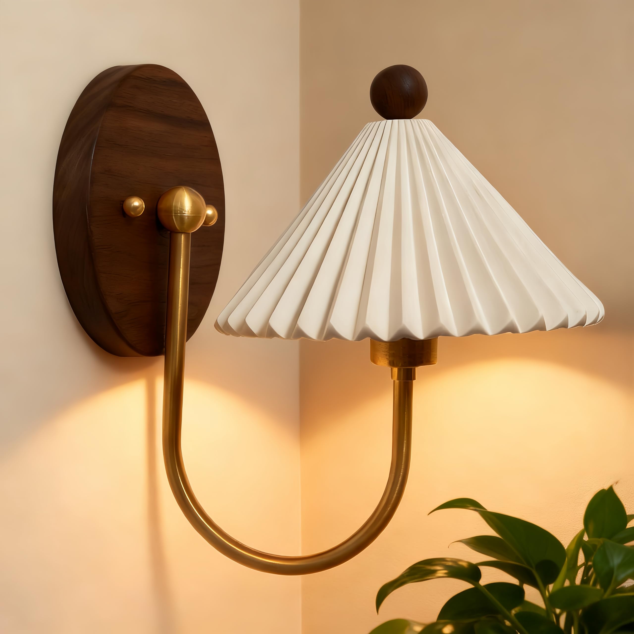 Vintage Pleated White Ceramic Wall Sconce Retro Walnut Wood Vanity Light with Aged Brass Finish Elegant Wall Lamp