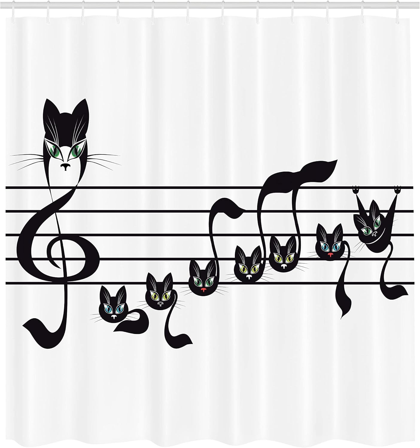 Ambesonne Music Shower Curtain, Notes of Kittens Kitty Cat Art Notation of Tune in Halloween Theme Monochrome Style of Art, Cloth Fabric Bathroom Decor Set with Hooks, 69" W x 84" L, White and Black