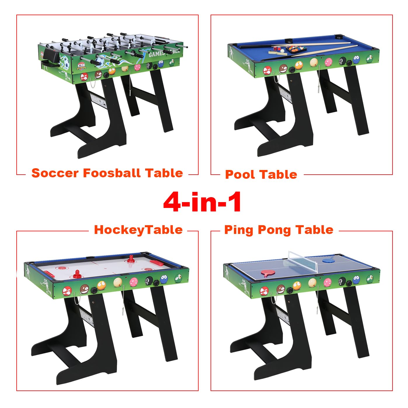 HLC Table Multijeux 4 en 1, Baby Foot Pliable, Multifonction Sport Babyfoot/Billard/Tennis de Table/Hockey, Convient Aux Adultes Et Aux Enfants Plaisir Familial.