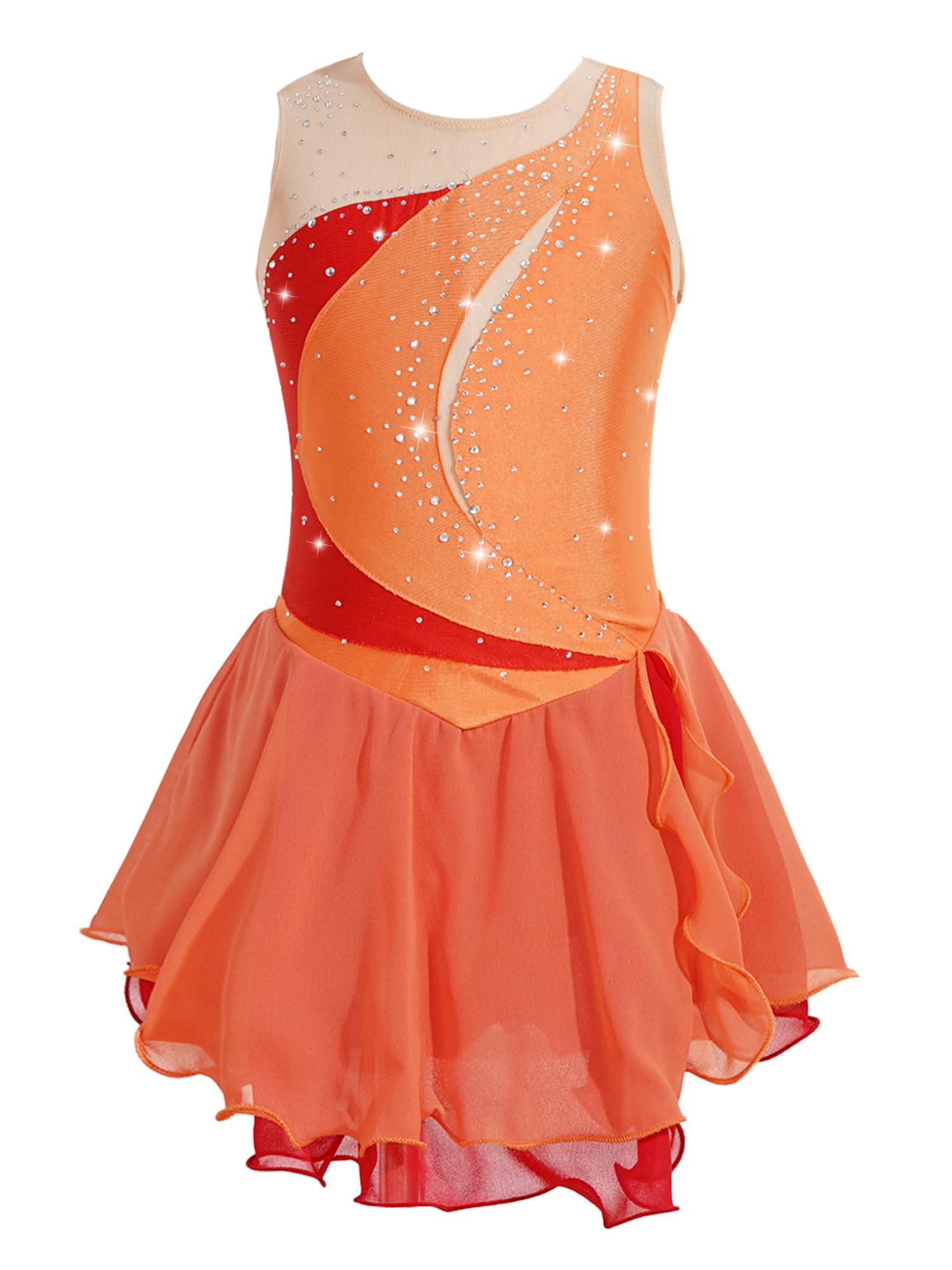 IEFIEL Vestido de Patinaje Artístico para Niña Maillot Ballet con Falda Malla de Gimnasia Rítmica sin Mangas con Lentejuelas Brillantes Vestido de Danza Lírica — view 25