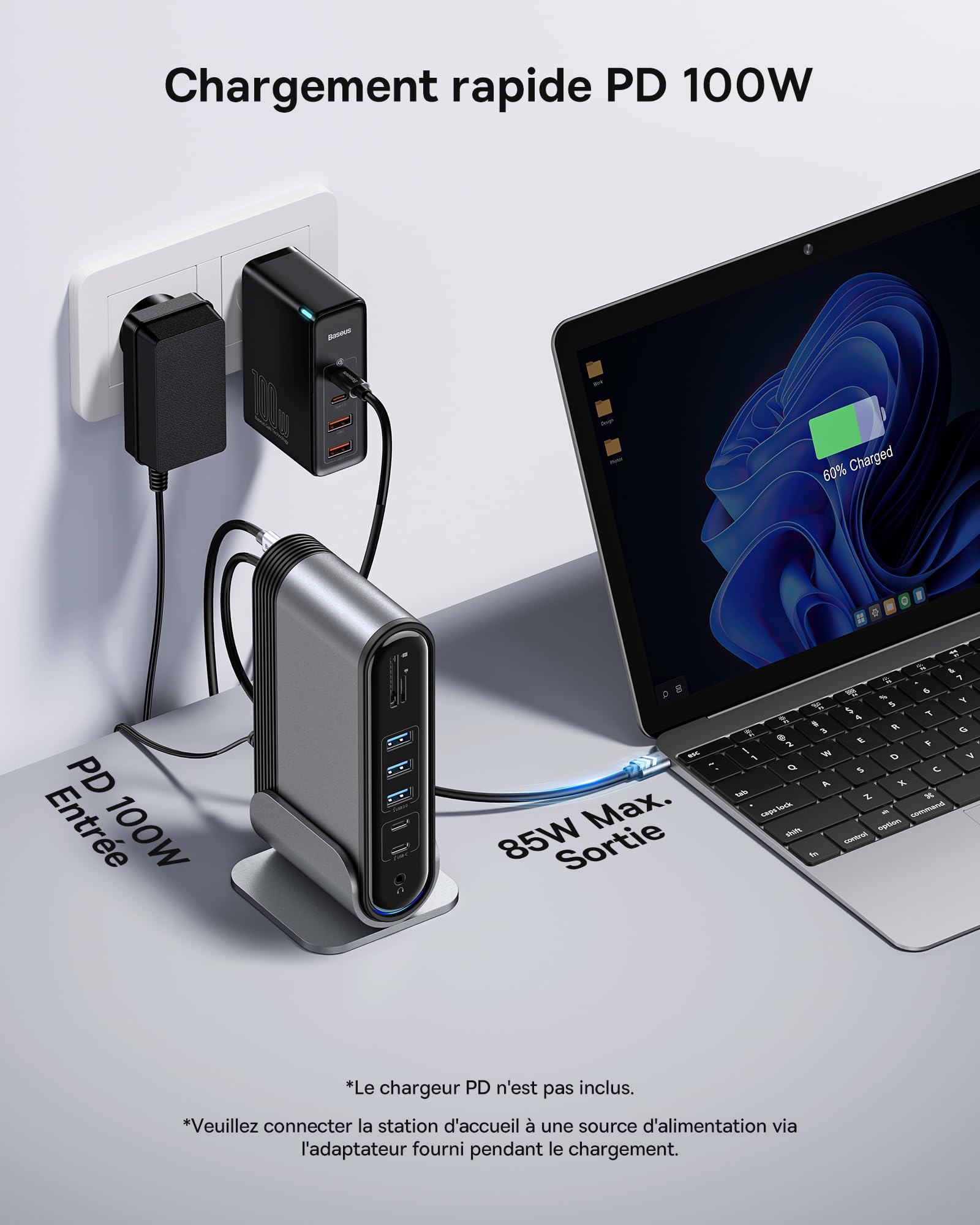 Baseus Station d'acceuil USB C 3 Moniteur 4K@60Hz [17 en 1] Hub Adaptateur avec 2 HDMI, DisplayPort, 3 USB-A 3.0 5Gbps, 2 USB-C 3.0, PD 100W, Gigabit Ethernet pour HP/Lenovo/Dell/MacBook/Surface