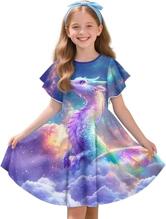 Cute Summer Dresses for Girls 3-14 Ruffle Sleeve Twirl Swing Sundress Vacation Party Dress