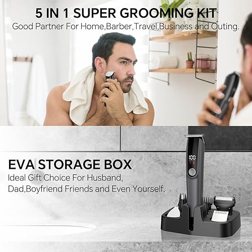 Miniatura 8 de Cortadora de barba para hombres 5 en 1 maquinilla de afeitar eléctrica para nariz, cuerpo, cara y bigote, kit de aseo inalámbrico con tecnología de