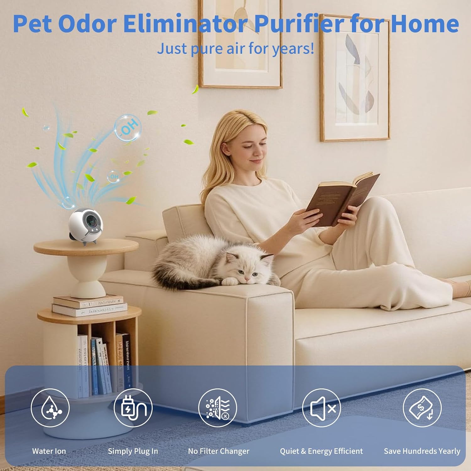 Water Ionic Air Purifier for Home Pets – Small Filterless Pet Odor Eliminator with USB-C, Air Ionizer for Cats&Dogs, Bedroom, Bathroom, Kitchen, Quiet Continuous Air Purification, Beige