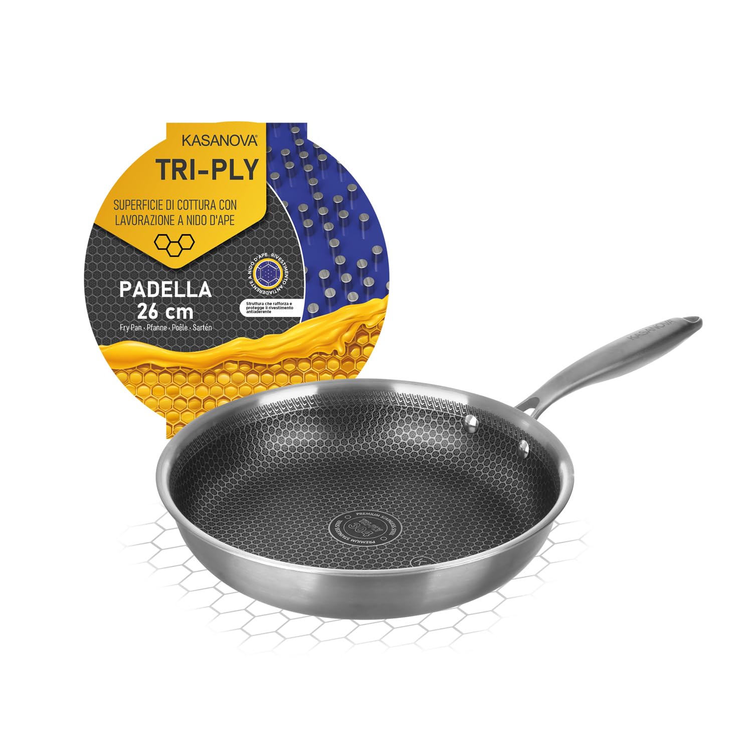 KASANOVA Tri-Ply Non-Stick Honeycomb Coated Frying Pan Suitable for Oven and All Hobs (26cm)