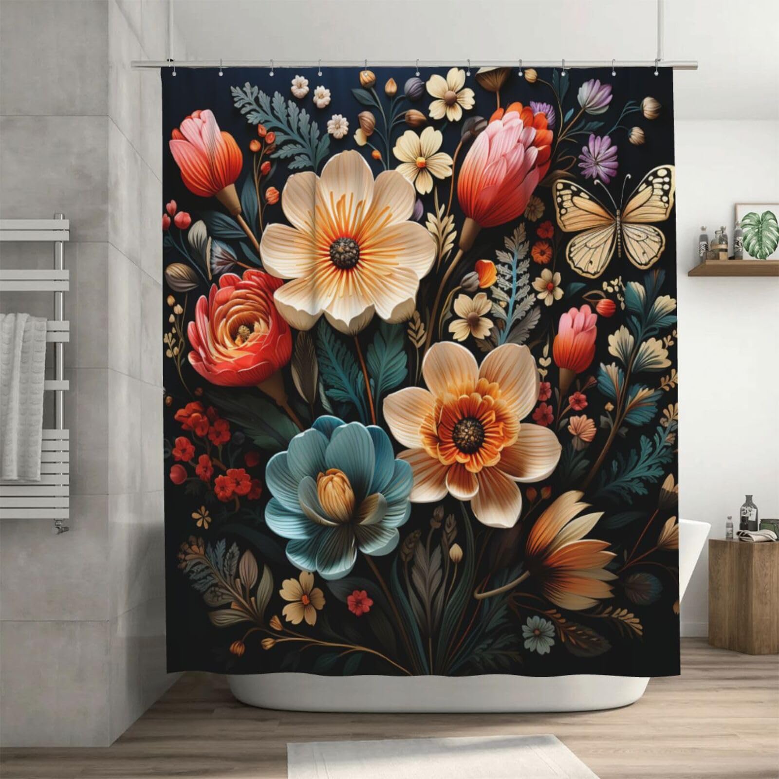 Rideau de douche imperméable floral 183x183 cm avec 12 crochets