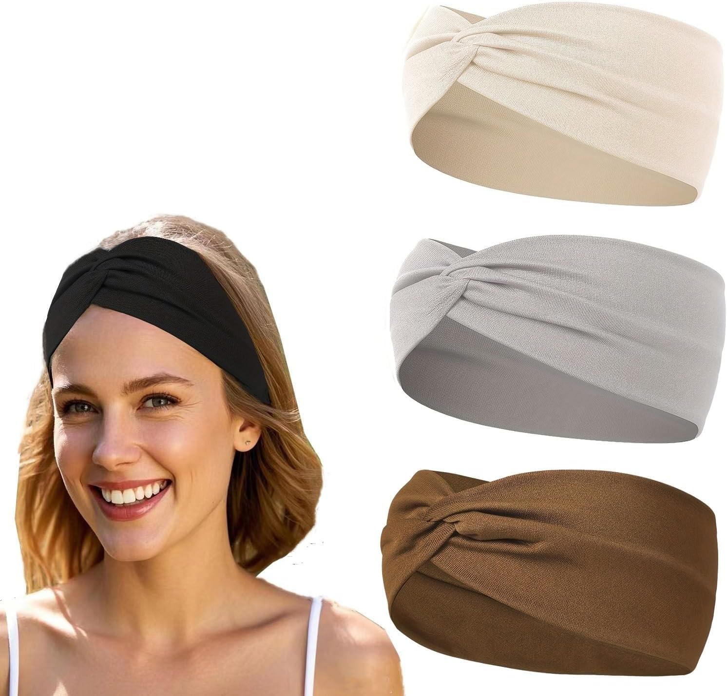 3 PCS Thick Headbands for Women Knotted Headband Wide Cloth Fabric Cute Stretchy Soft Twist Headbands Womens Fashion Head Bands for Women’s Hair Accessories (Style 1, One Size)