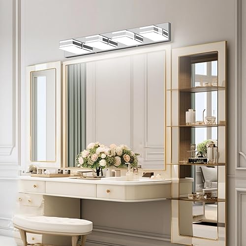 Miniatura 8 de Ralbay Moderna lámpara de tocador cromada para baño, 4 luces, 30 pulgadas, acrílico, moderno, LED, accesorios de iluminación de pared sobre espejo