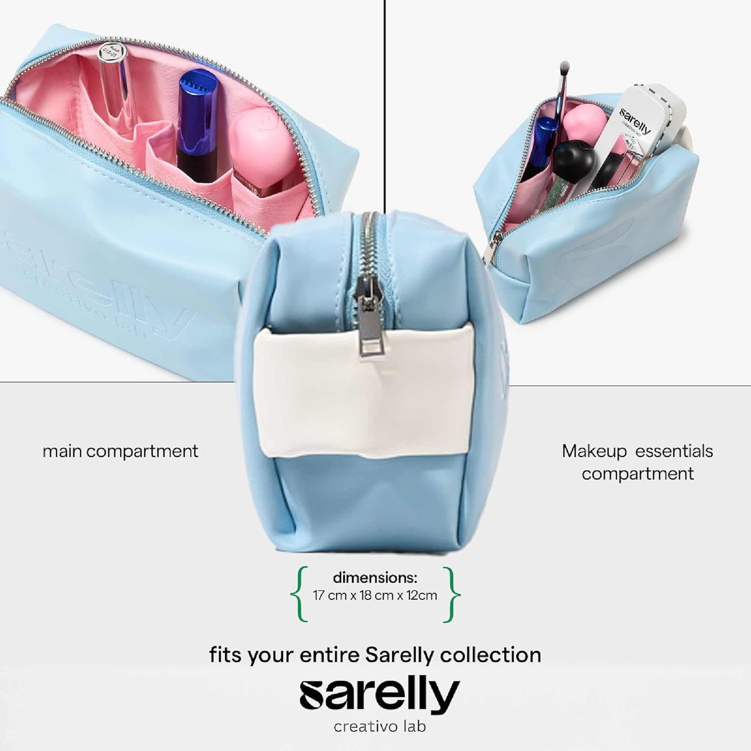 SARELLY, Mini Makeup Bag, Blue Vegan Leather with Compartments, Leak-proof, Sarelly Creativo Lab