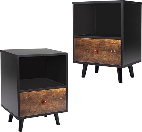 Miniatura 3 de GIYZOKNI Juego de 2 armarios de noche con 1 cajón y patas cortas, muebles de noche, mesa auxiliar con estante de almacenamiento para dormitorio,