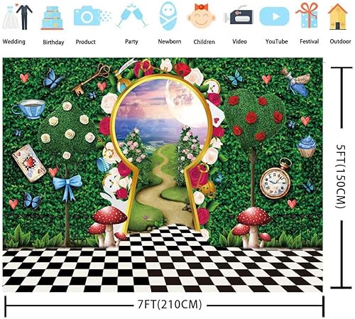 Miniatura 6 de Telón de fondo para fotografía del país de las maravillas de 7 x 5 pies, decoración de fiesta de té, cuento de hadas, castillo, conejo, hoja verde,