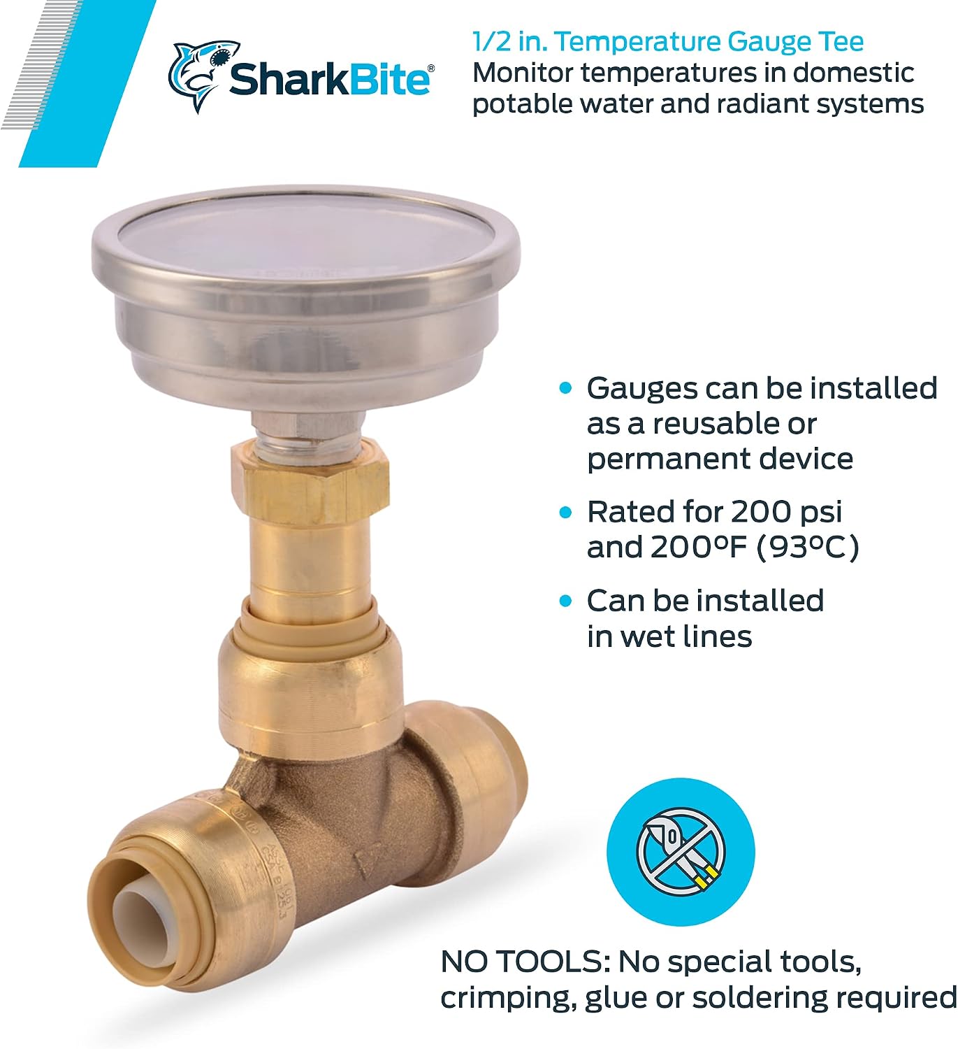 SharkBite 1/2 Inch Temperature Gauge Tee, Push to Connect Brass Plumbing Fitting, PEX Pipe, Copper, CPVC, PE-RT, HDPE, 24437