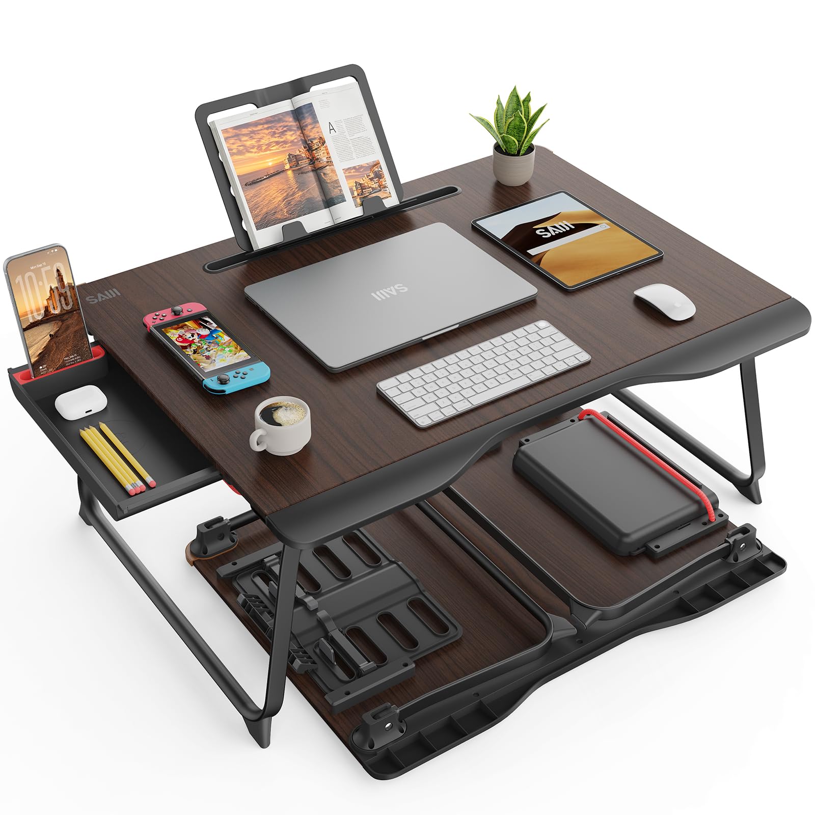 Laptop Tisch für Bett, SAIJI XXL klappbar Betttisch, für Lernen, Essen, Arbeiten, Sofa, Bett, mit Shublade, Handauflage Buchständer, Tablet Handy ständer (Schwarze)